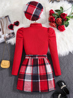 Ensemble élégant à carreaux pour fille comprenant haut à col montant, jupe, et chapeau assortis, automne/hiver.