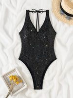 Maillot de bain une pièce à sequins noirs scintillants pour femmes 