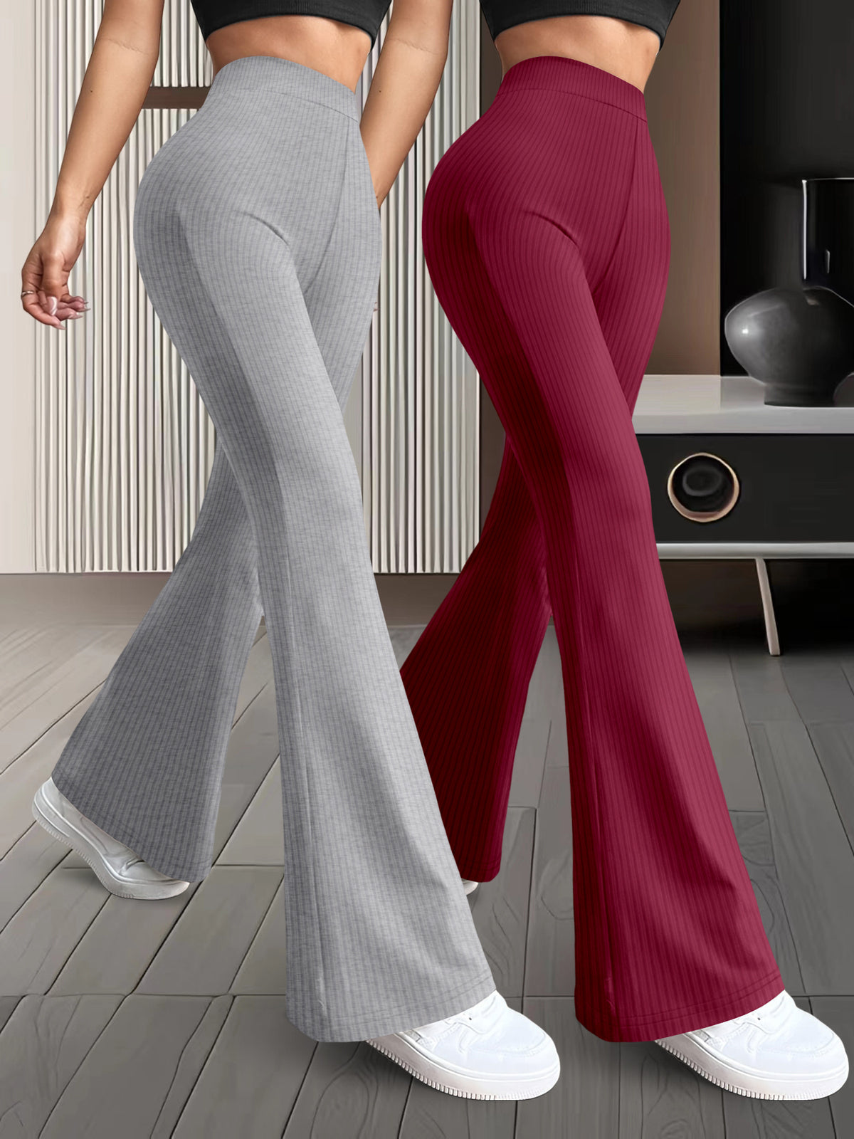Lot de 2 paires de pantalons femme taille haute à jambes évasée