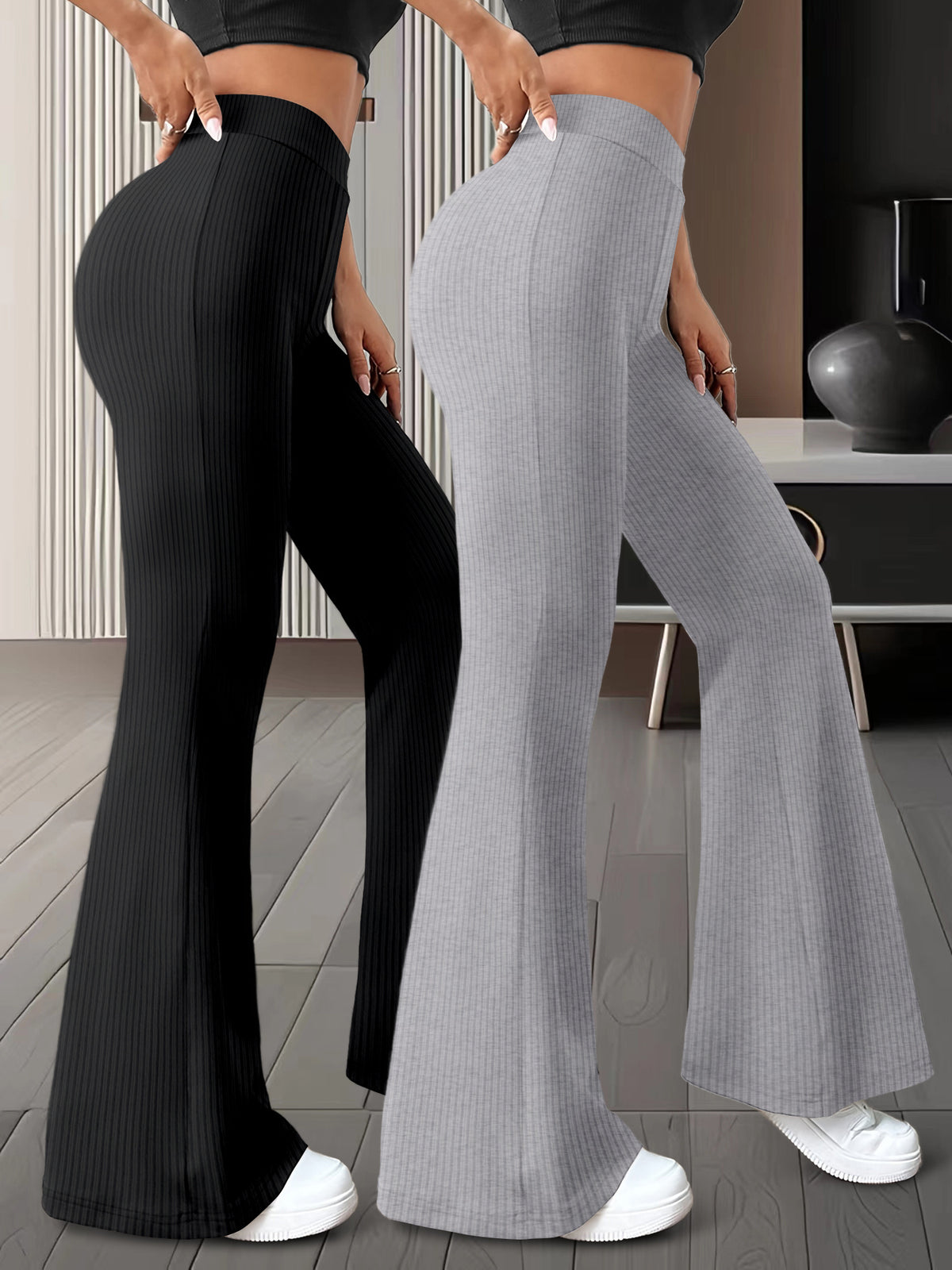 Lot de 2 paires de pantalons femme taille haute à jambes évasée