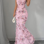 Robe longue fleurie à épaules dénudées et ourlet volanté