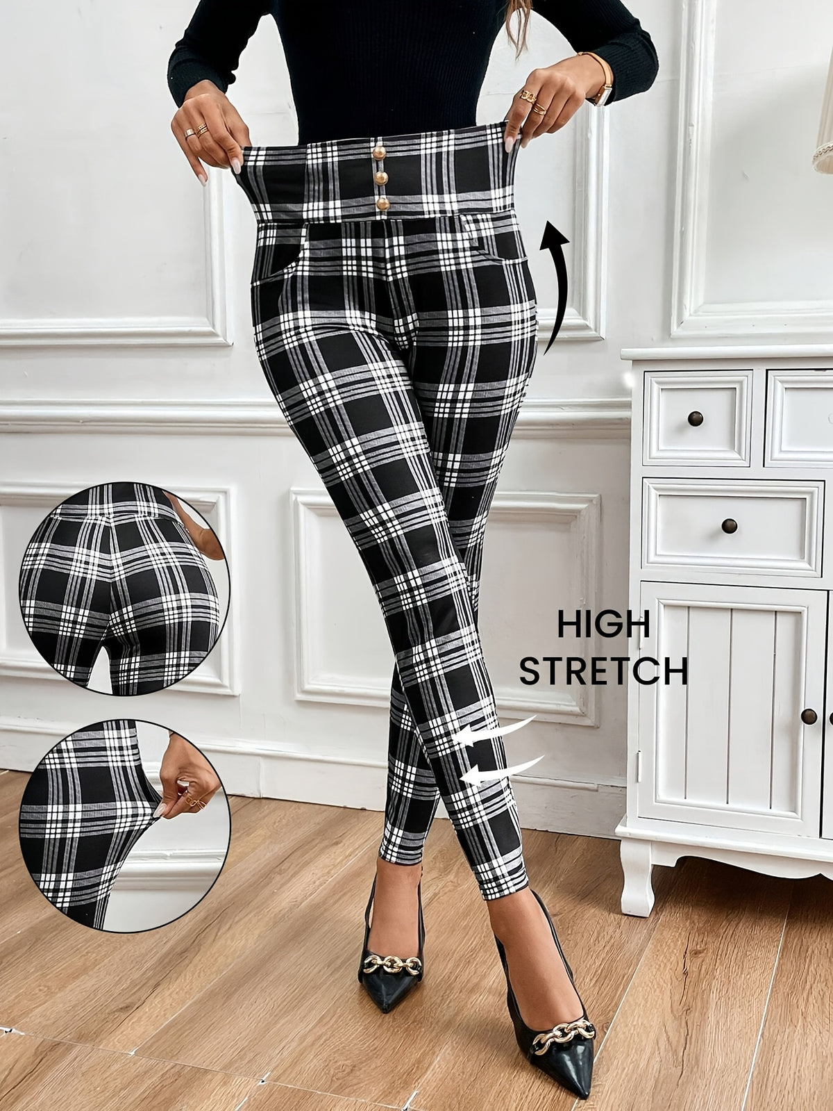 Pantalon skinny taille haute à carreaux