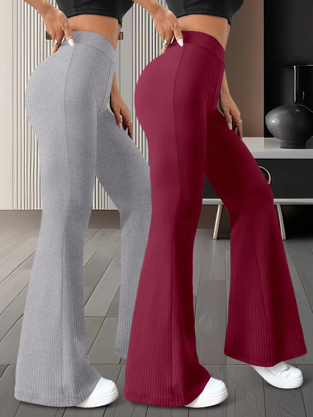 Lot de 2 paires de pantalons femme taille haute à jambes évasée