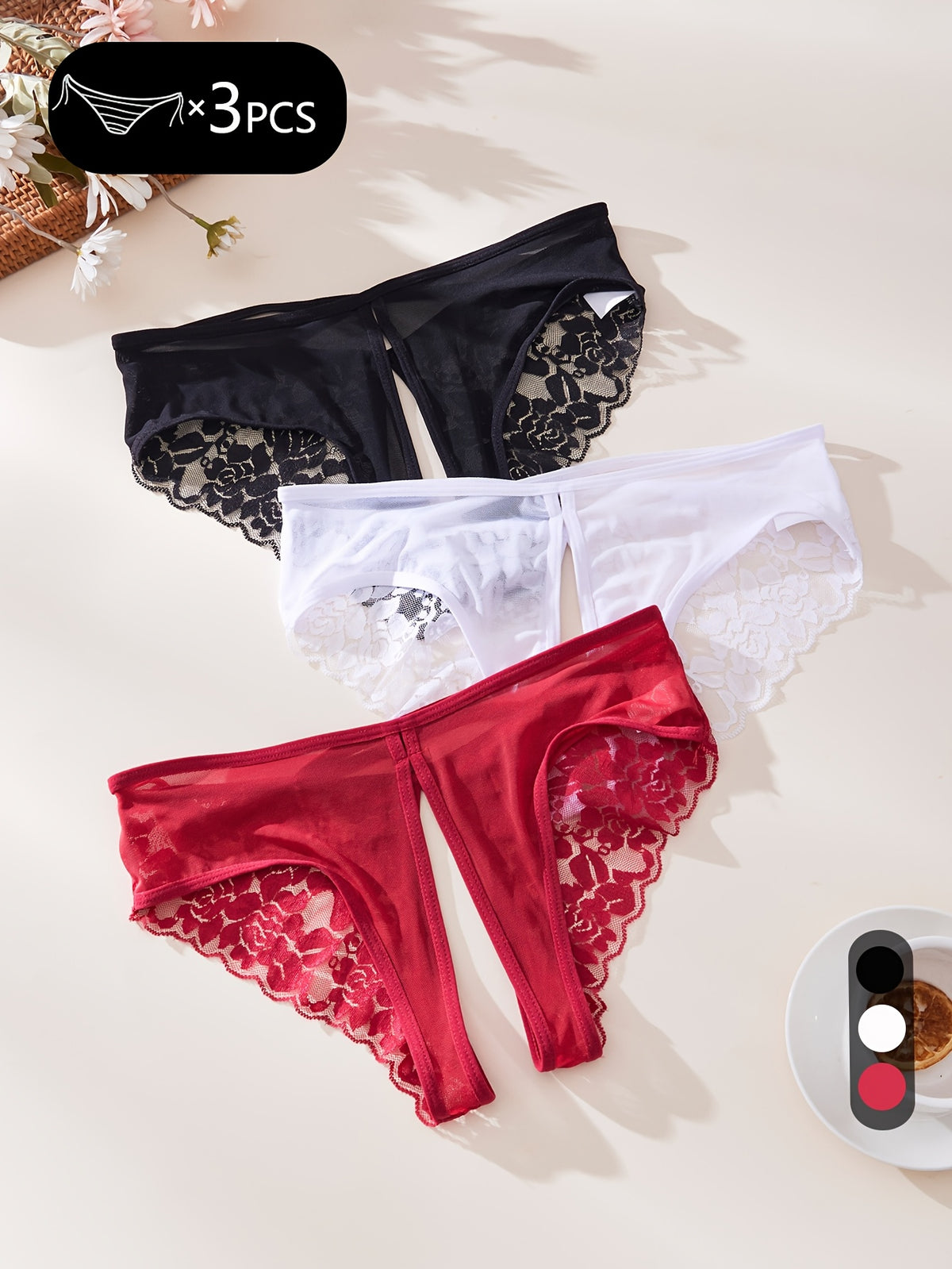 Lot de 3 culottes sexy en dentelle ajourée