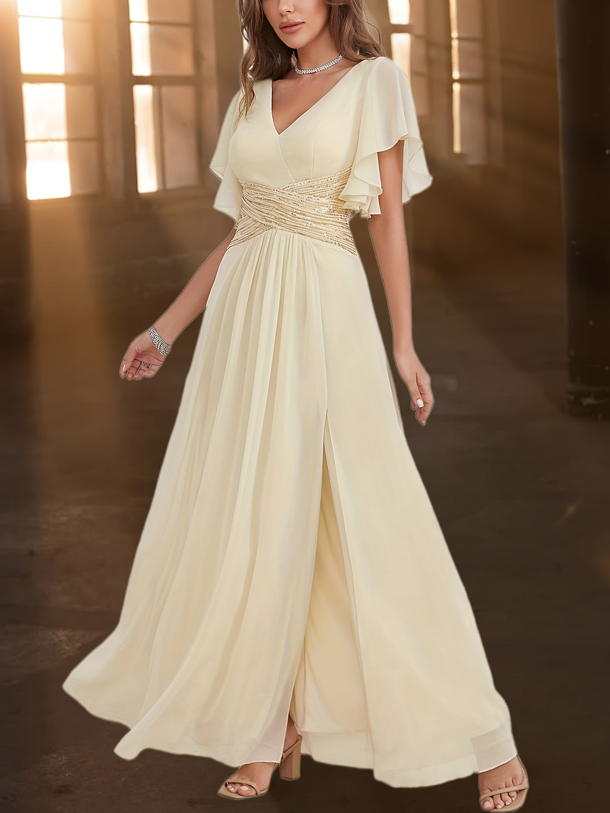Robe longue élégante à sequins et dos nu