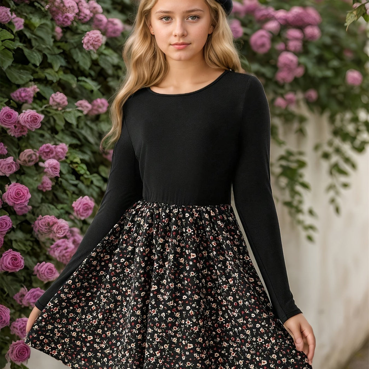 Robe tricotée à patchwork floral pour filles