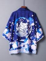 Kimono cardigan vintage à imprimé chat porte-bonheur
