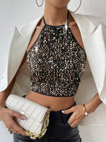 Top court à sequins dos nu noir &amp; doré – élégance scintillante pour vos soirées