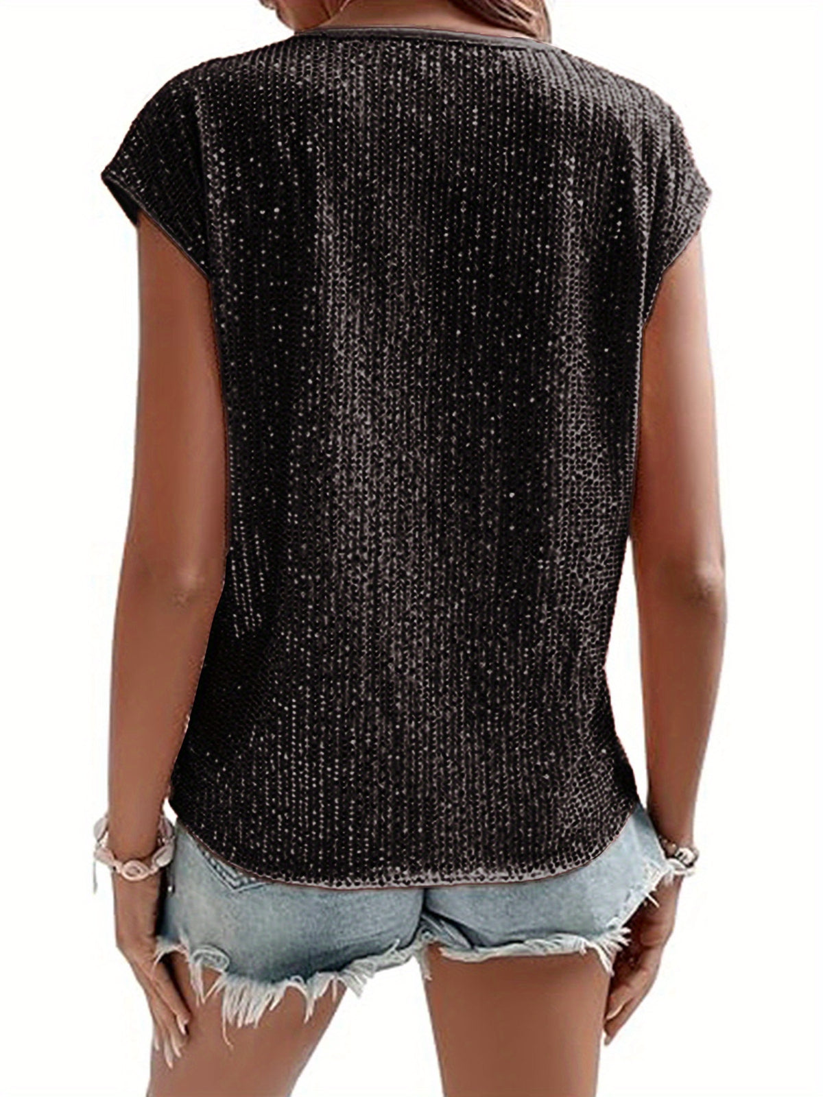 Top à sequins sans manches à col rond