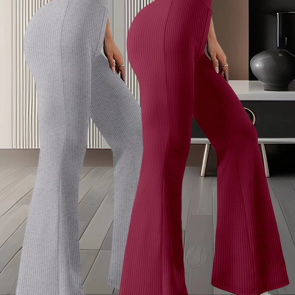 Lot de 2 paires de pantalons femme taille haute à jambes évasée