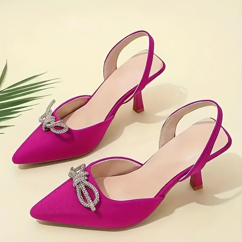 Escarpins élégants en satin noir à bout pointu avec nœud en strass