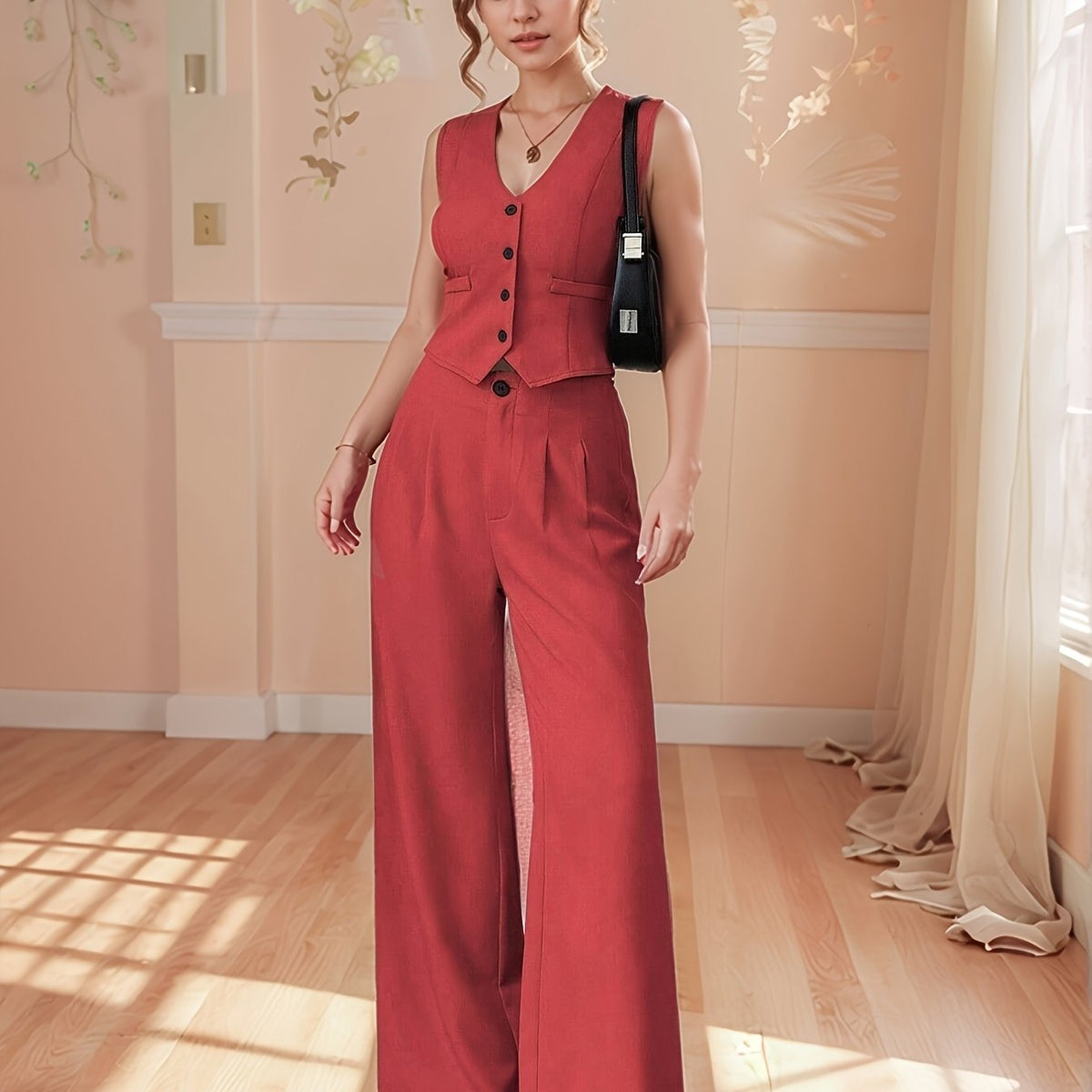 Chic red two-piece set : gilet blazer sans manches