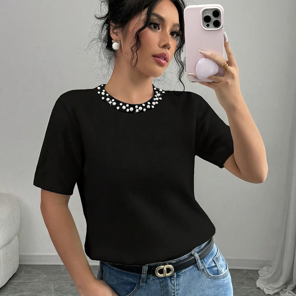 T-shirt noir chic orné de perles #Paris
