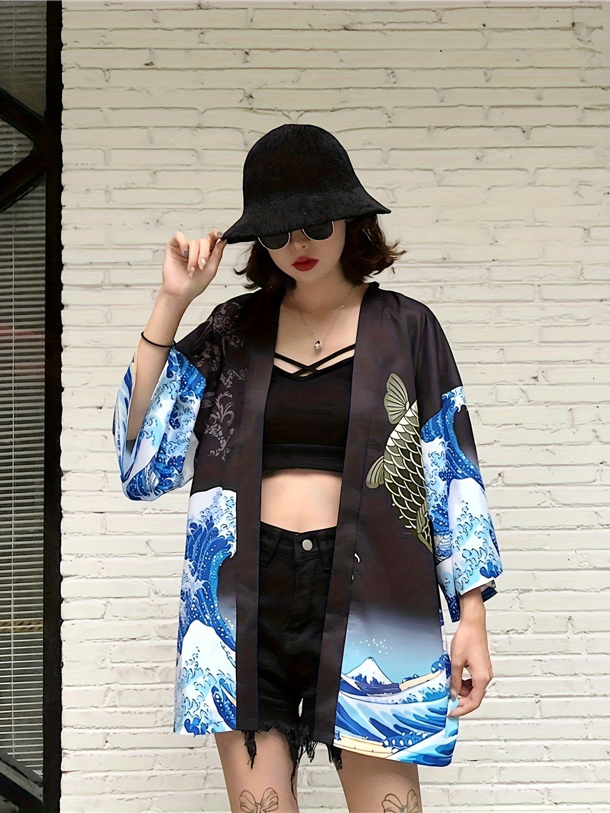 Kimono léger avec imprimé carpe koï &amp; vagues