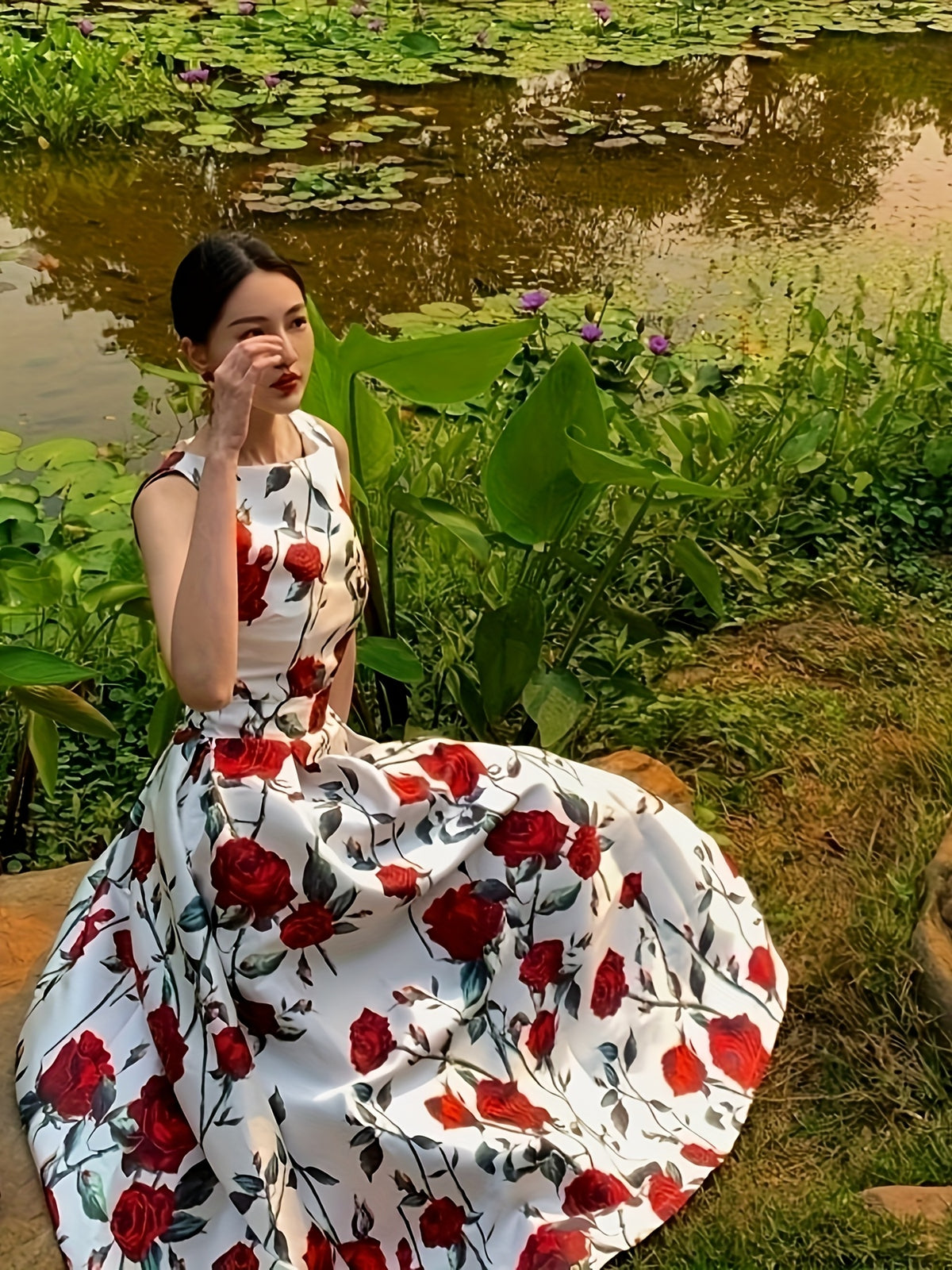 Robe longue sans manches imprimée roses rouges