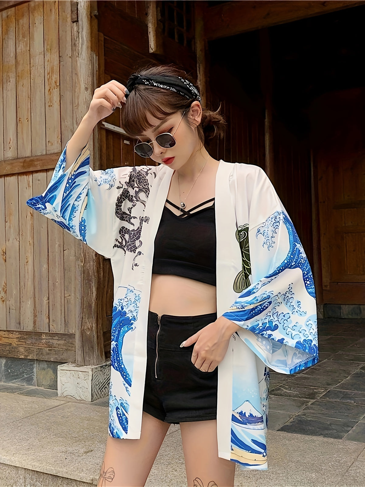 Kimono léger avec imprimé carpe koï &amp; vagues