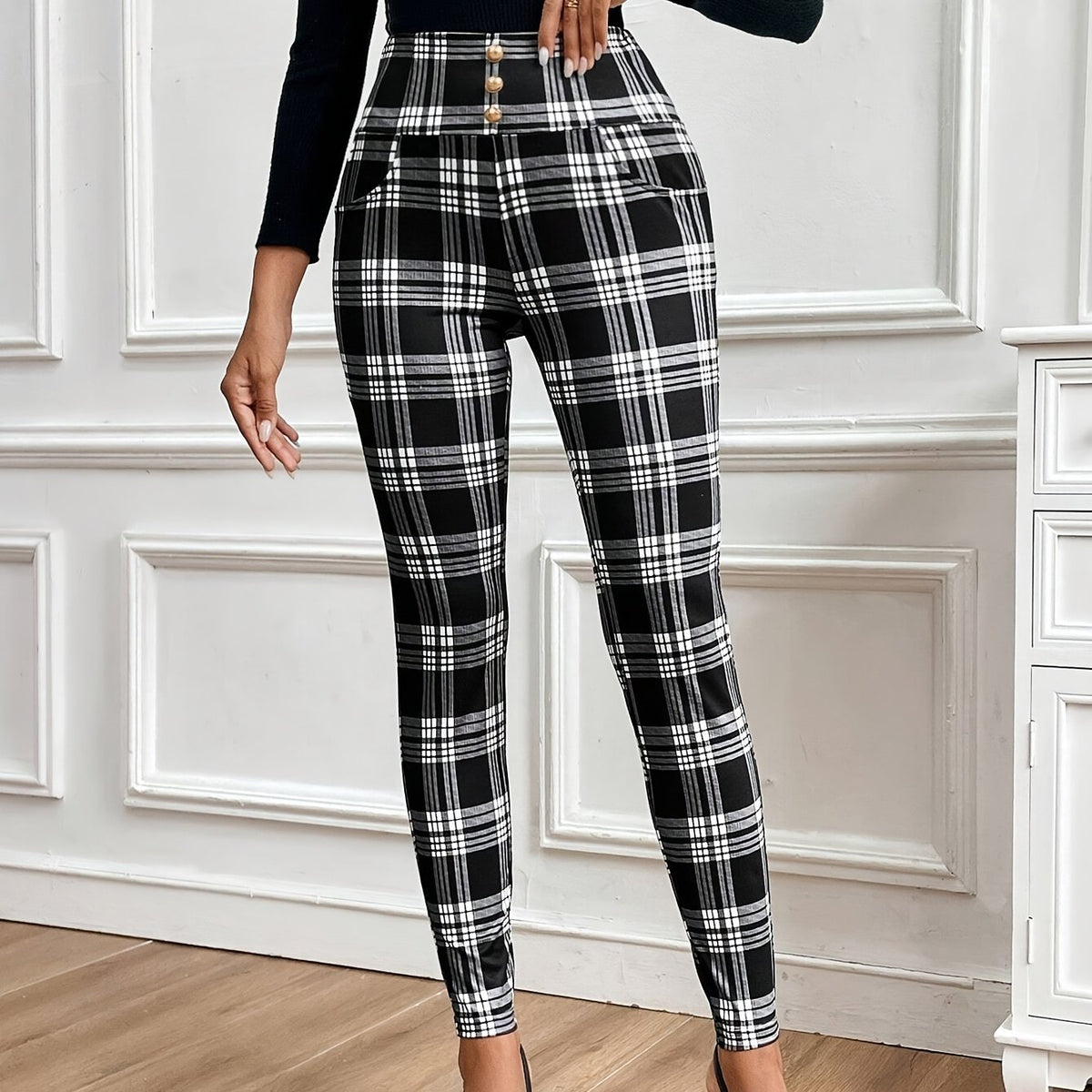 Pantalon skinny taille haute à carreaux