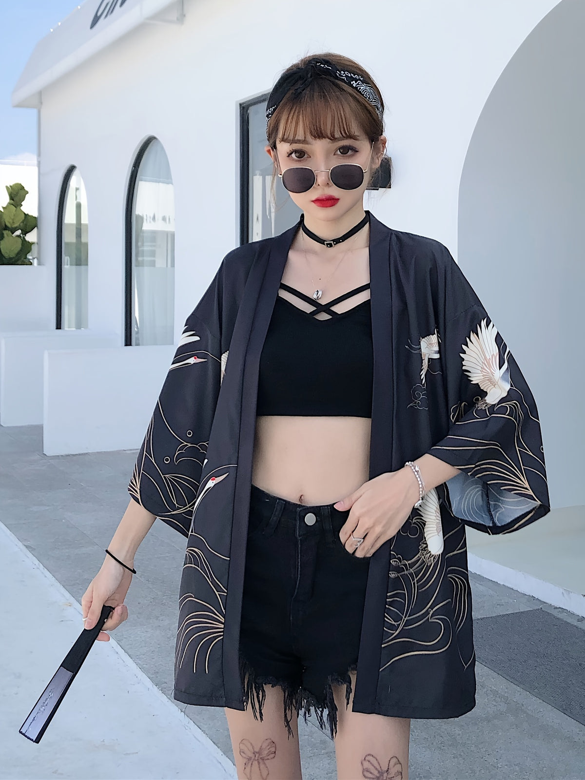 Kimono ouvert à imprimé grue