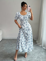 Robe mini élégante à imprimé floral bleu et blanc #Paris