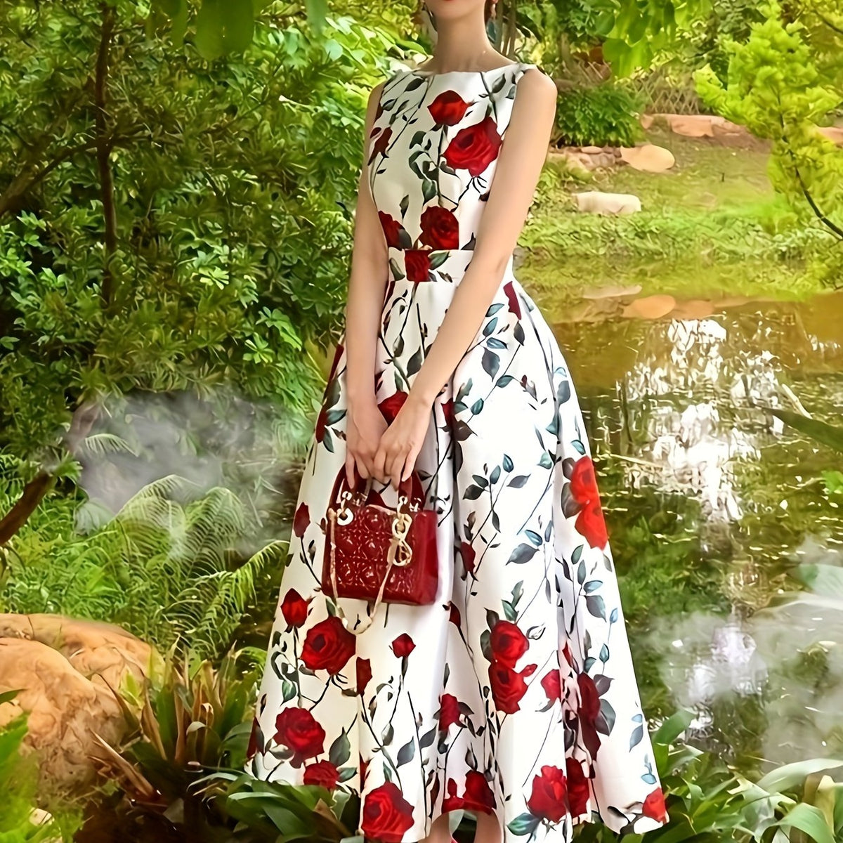 Robe longue sans manches imprimée roses rouges