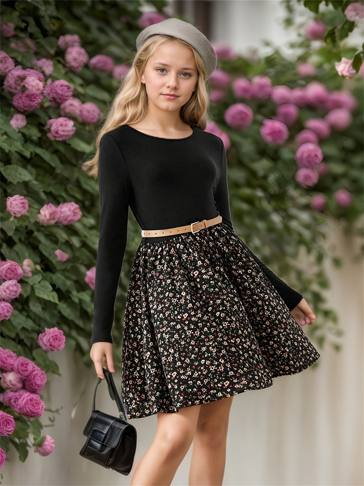 Robe tricotée à patchwork floral pour filles