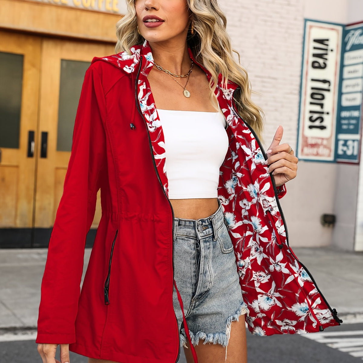 Veste légère réversible à imprimé floral pour femme #L911