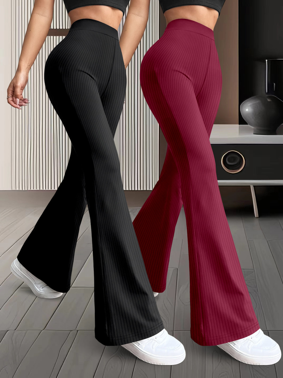 Lot de 2 paires de pantalons femme taille haute à jambes évasée