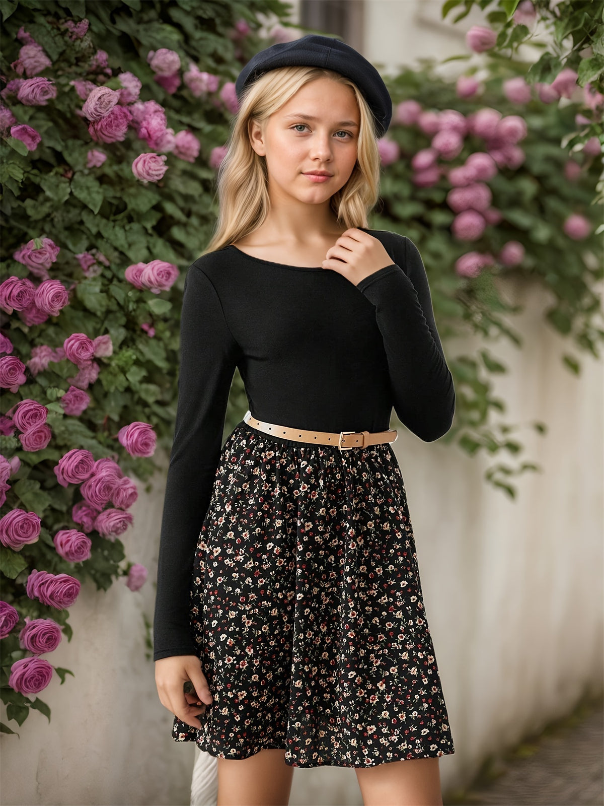 Robe tricotée à patchwork floral pour filles