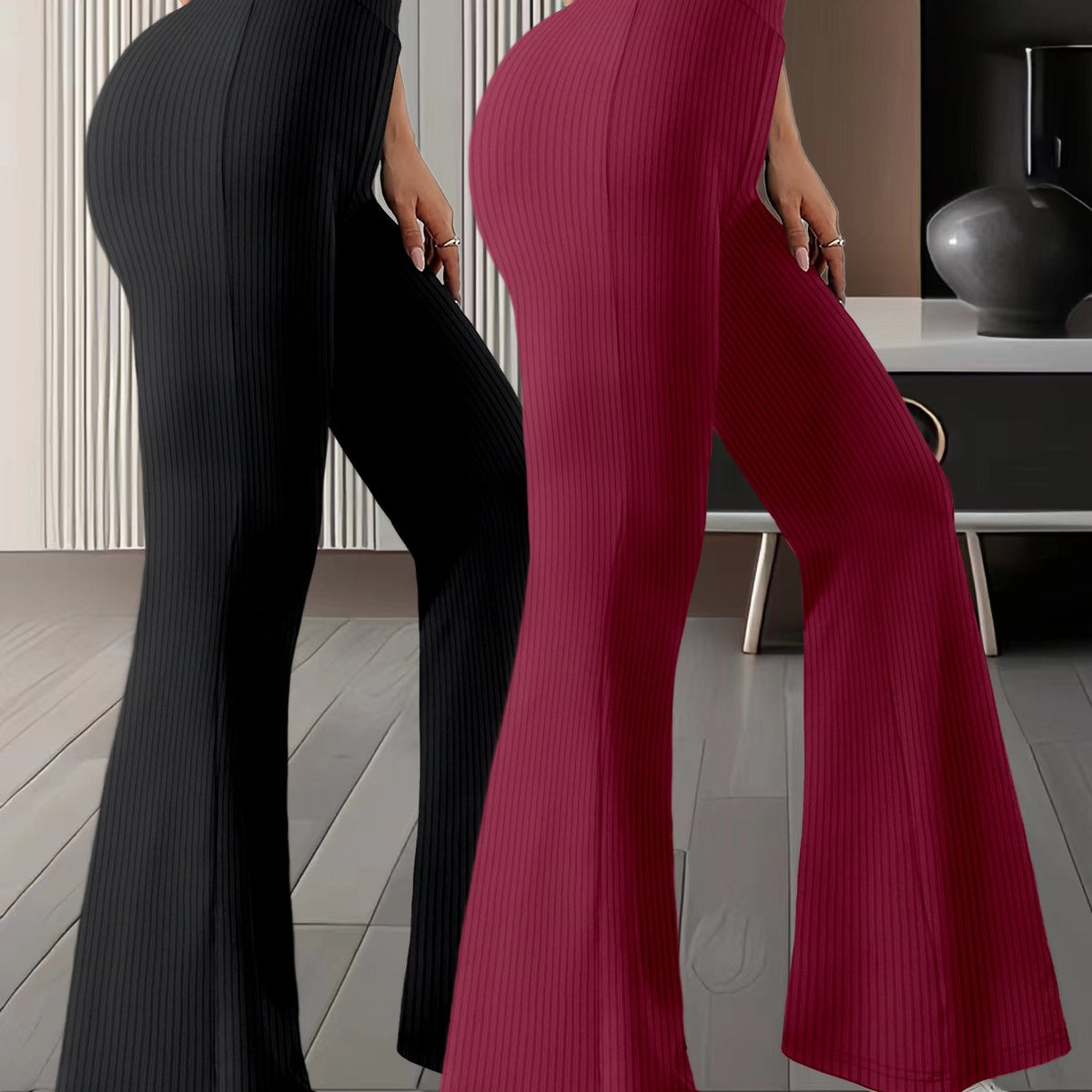 Lot de 2 paires de pantalons femme taille haute à jambes évasée