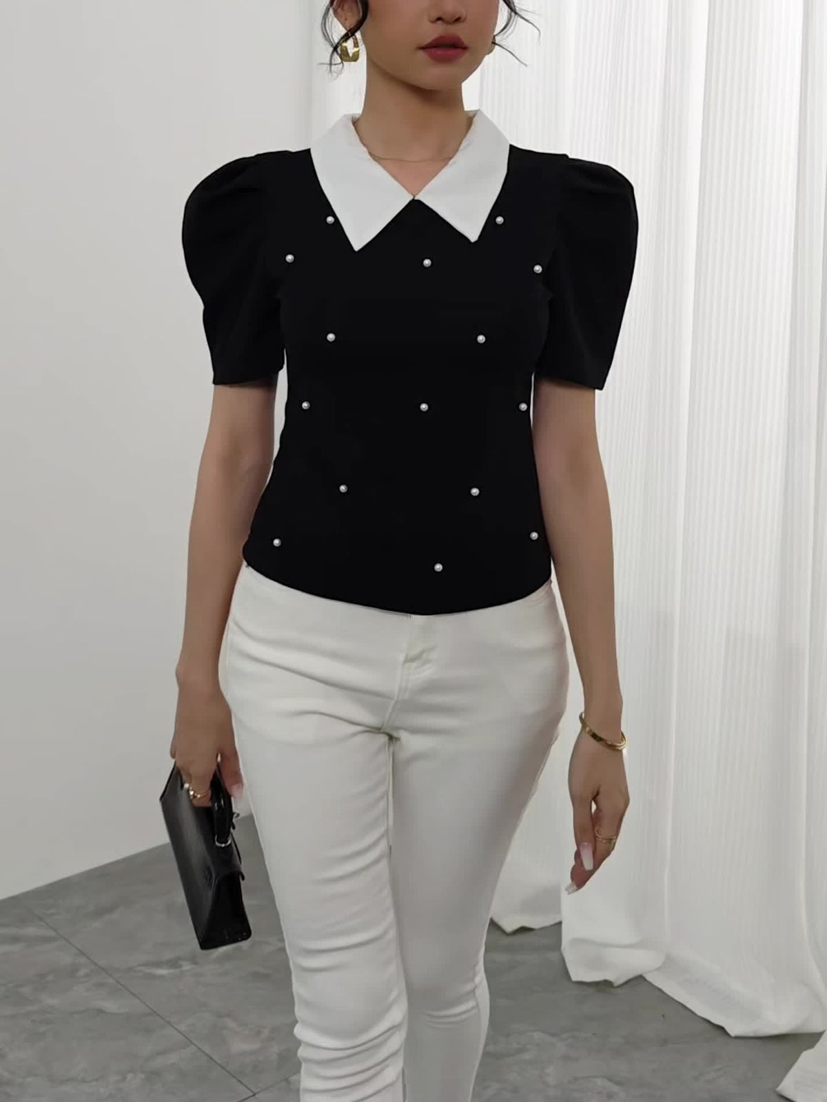 Polo élégant femme noir & blanc à col chemise #Paris