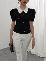 Polo élégant femme noir & blanc à col chemise #Paris