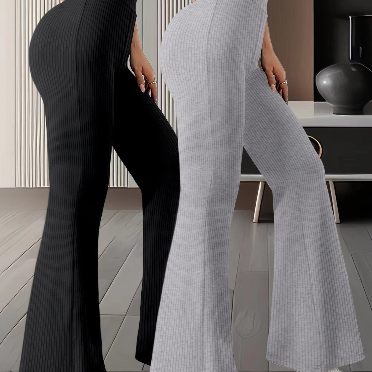 Lot de 2 paires de pantalons femme taille haute à jambes évasée