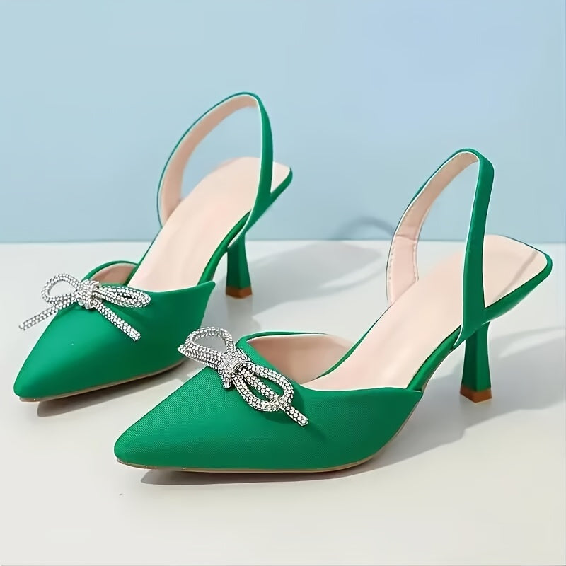 Escarpins élégants en satin noir à bout pointu avec nœud en strass