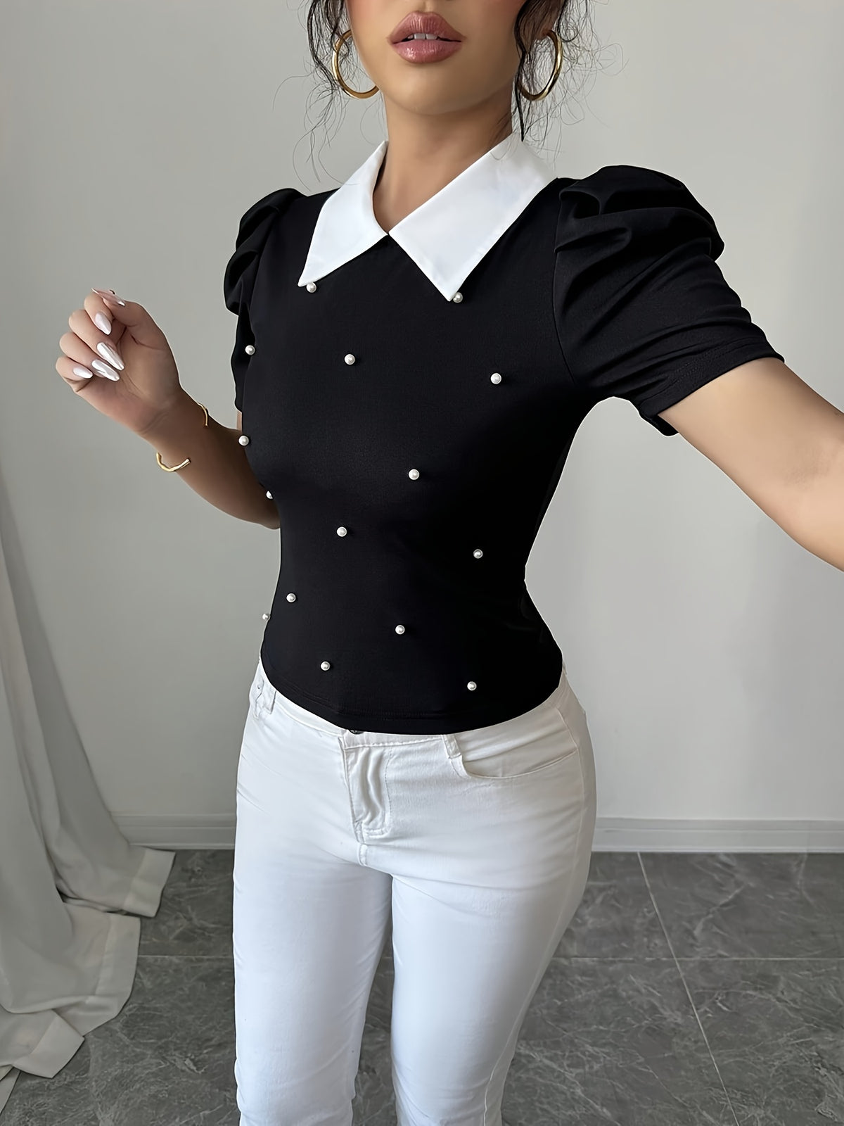 Polo élégant femme noir & blanc à col chemise #Paris