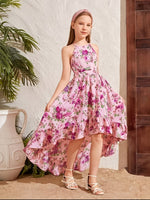 Girl's floral print dress with flounce details and mermaid hem, featuring an off-shoulder design for summer.