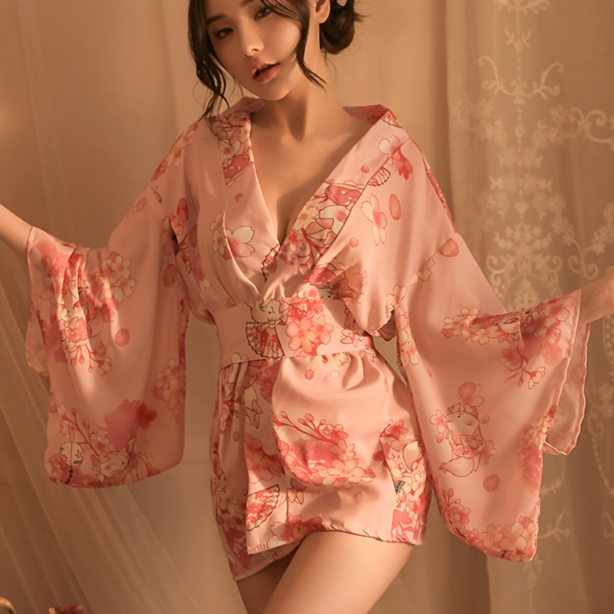 Ensemble kimono japonais fleuri 3 pièces sexy
