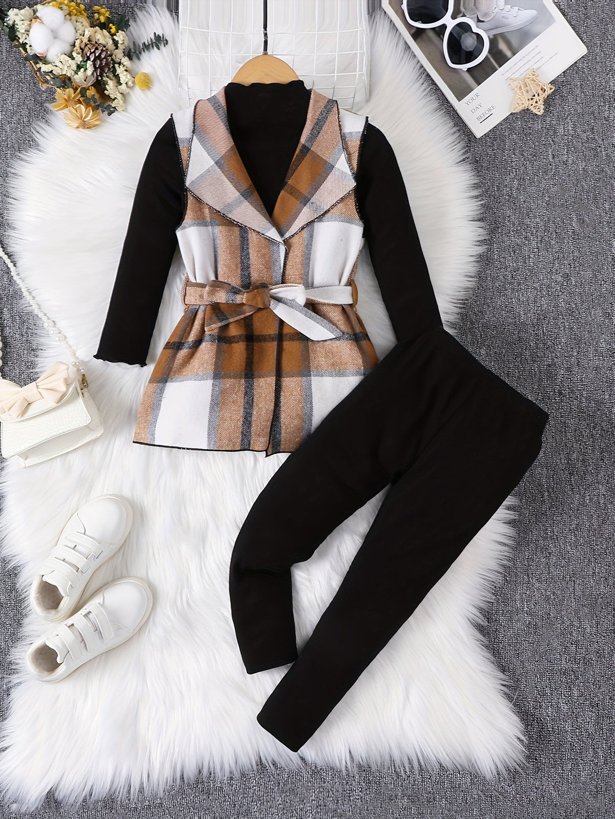 Ensemble élégant à carreaux pour fille 3pcs