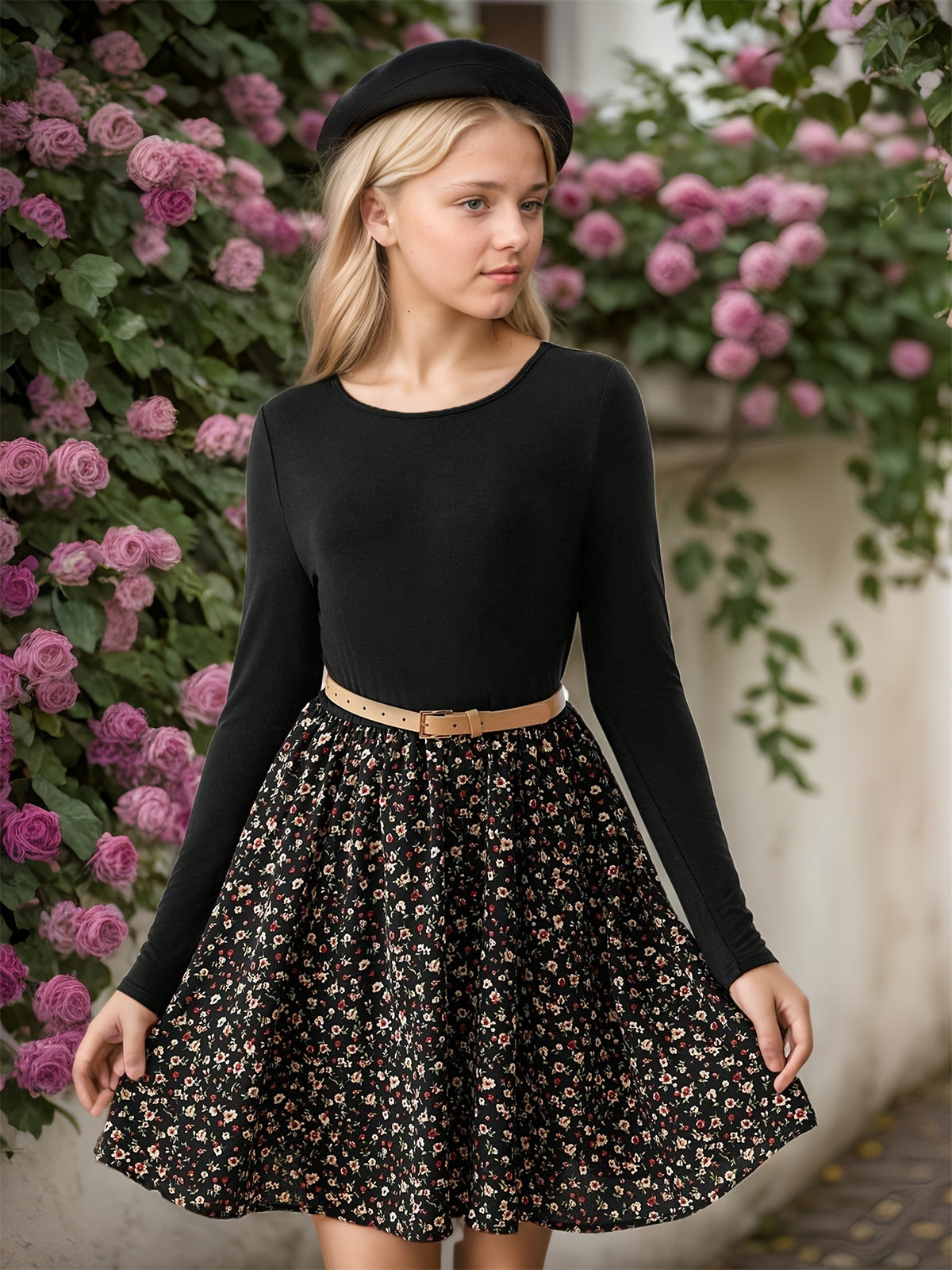 Robe tricotée à patchwork floral pour filles