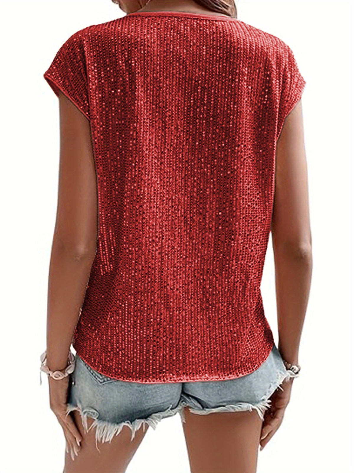 Top à sequins sans manches à col rond