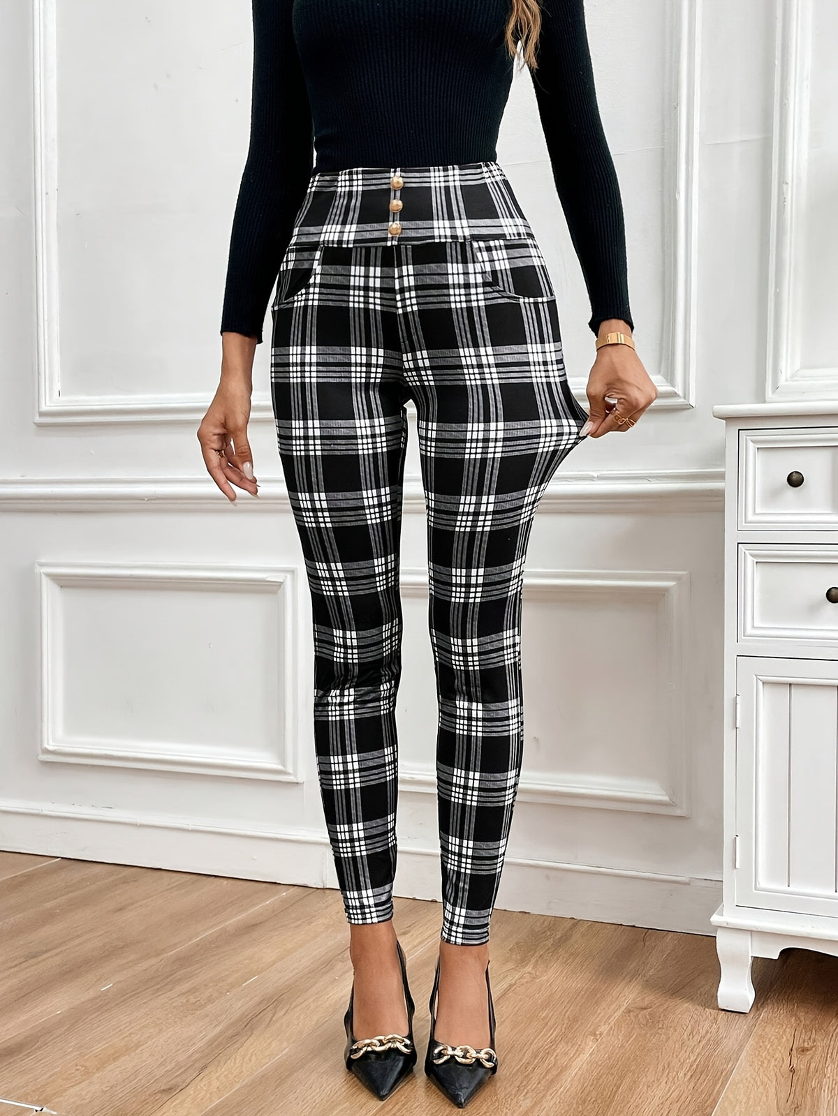 Pantalon skinny taille haute à carreaux