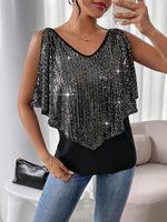 T-shirt à sequins noir en V