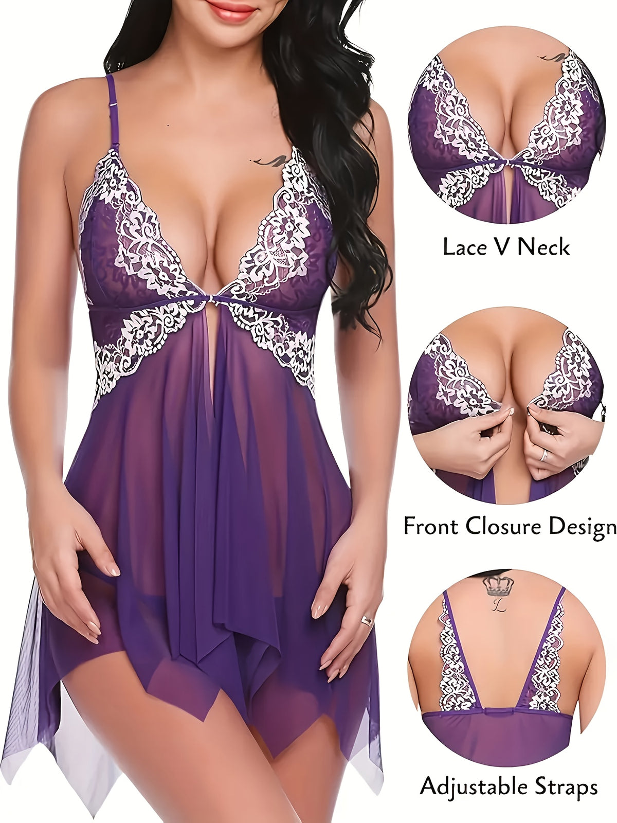 Nuisette sexy en dentelle et tulle transparent