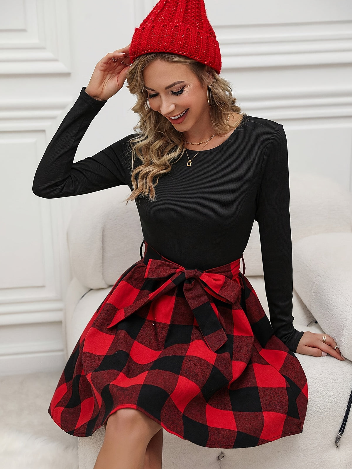 Robe élégante A-line à imprimé vichy avec ceinture #collection Paris 2025