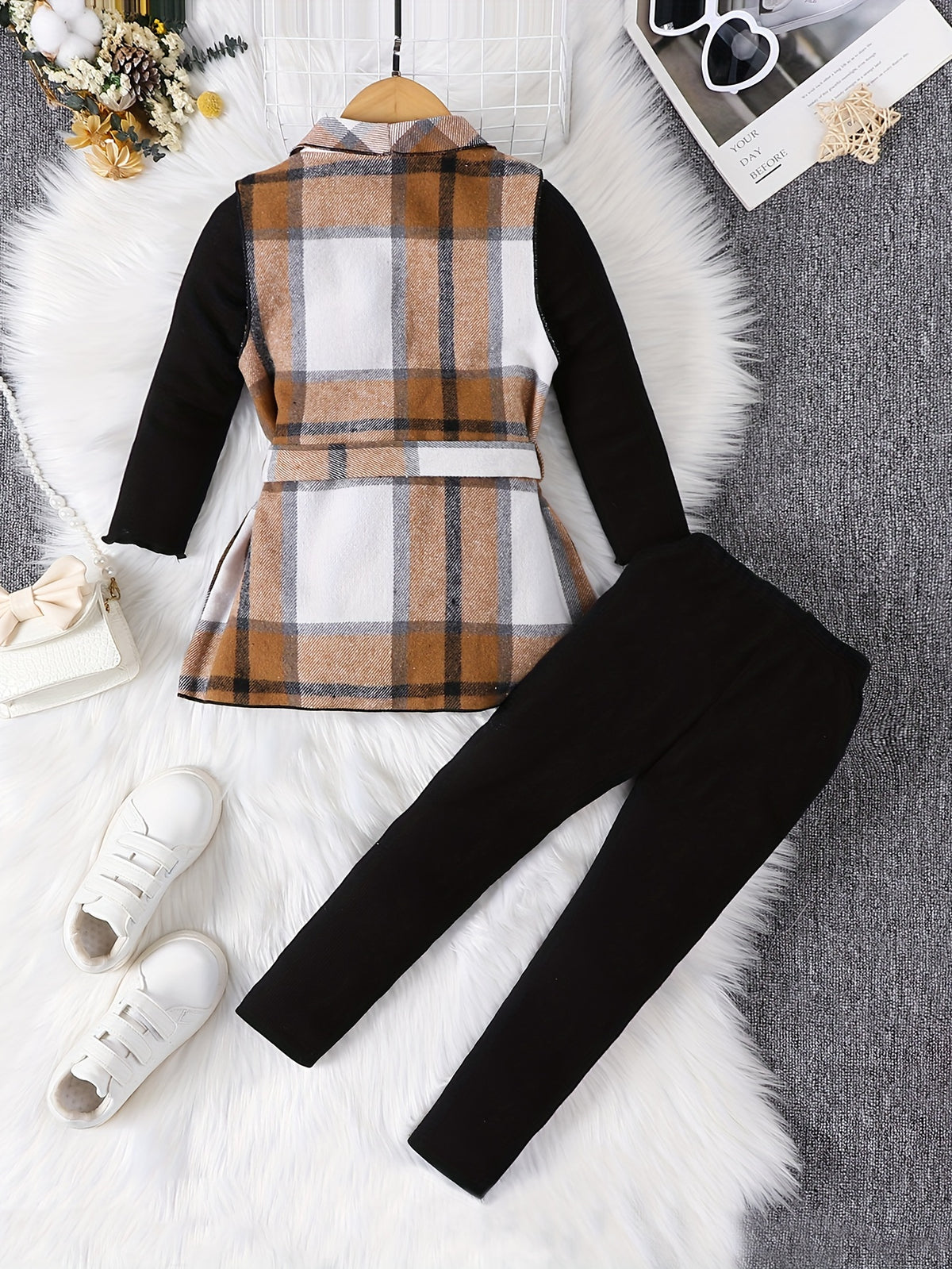 Ensemble élégant à carreaux pour fille 3pcs