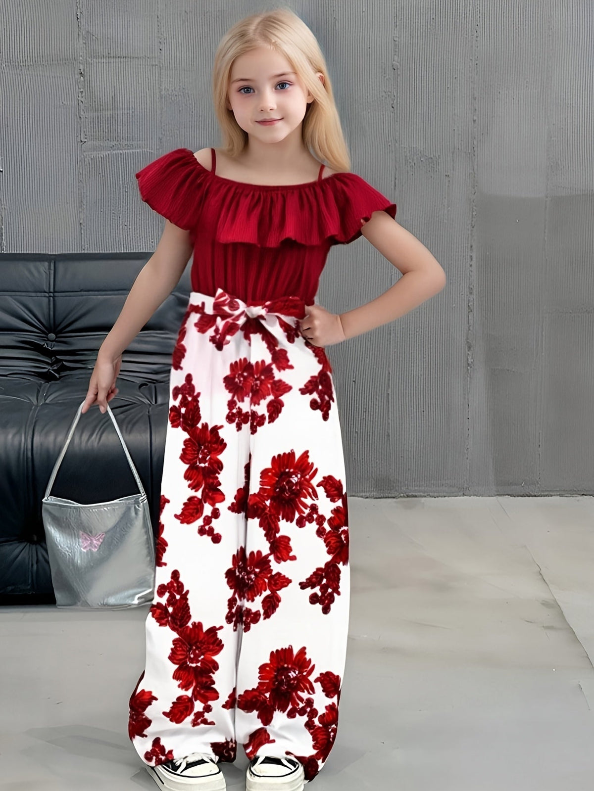 Floral all-in-one outfit for girls with bow and off-shoulder design.
