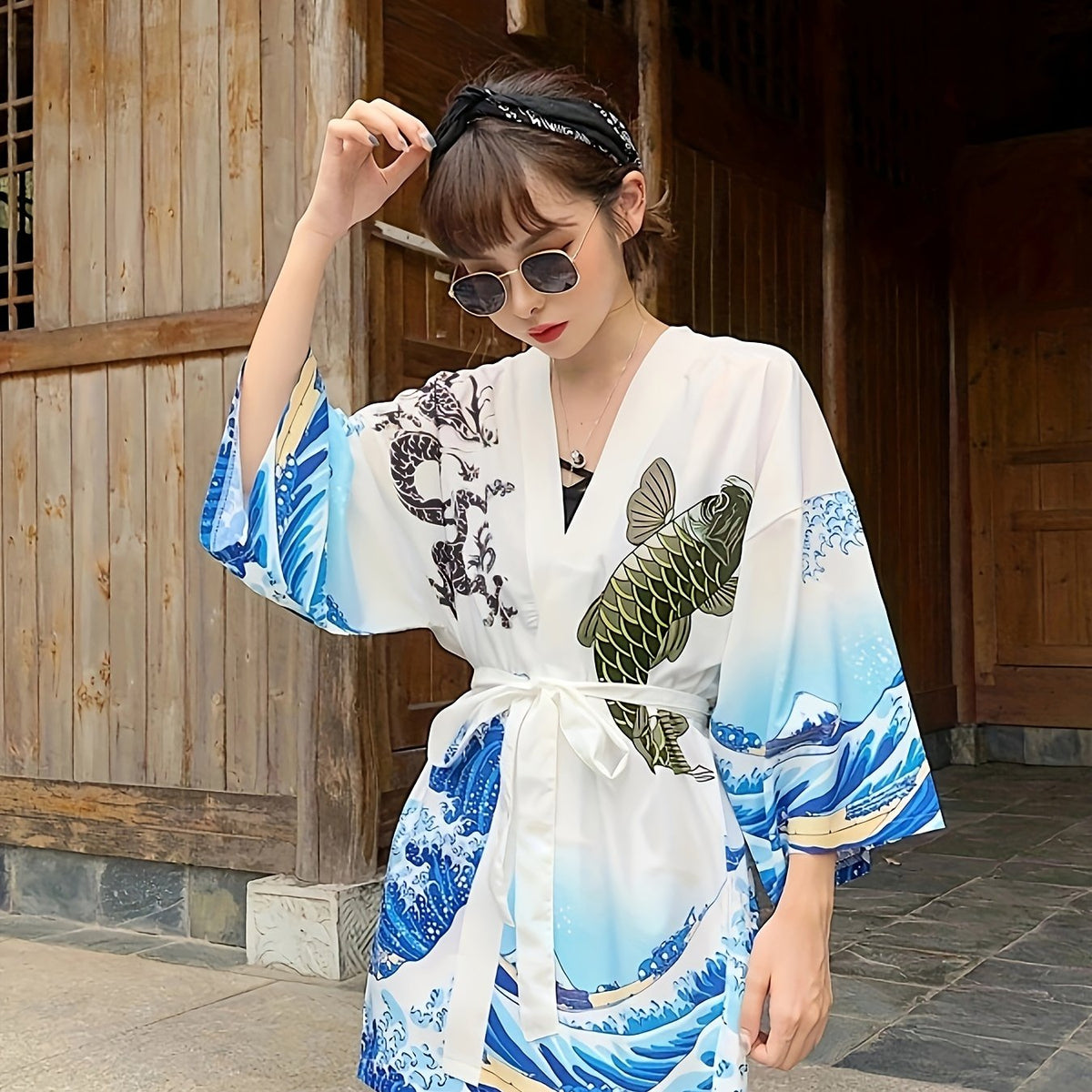 Kimono léger avec imprimé carpe koï &amp; vagues