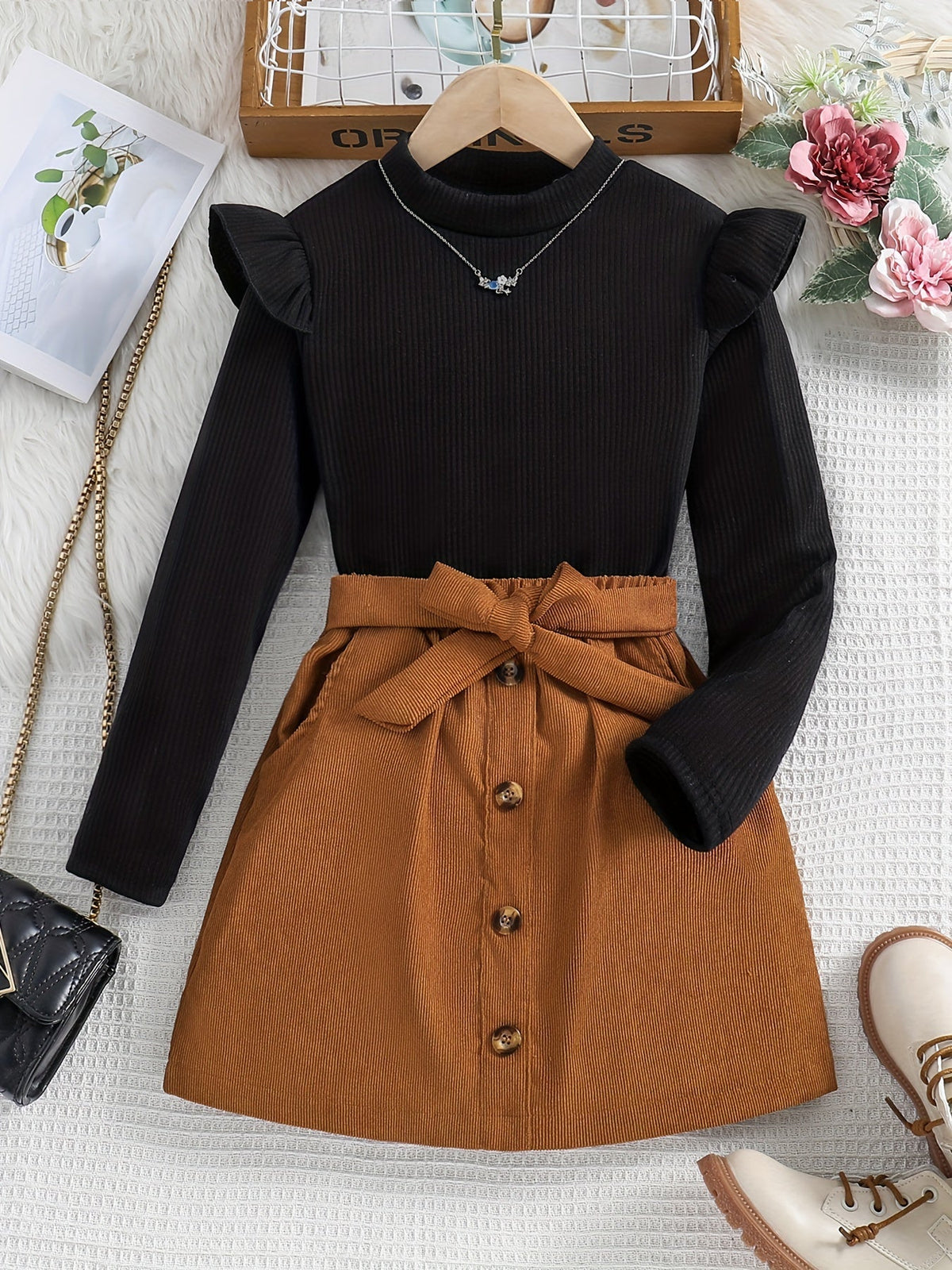 Ensemble élégant pour fille avec jupe marron et haut noir à manches longues, idéal pour printemps et automne.