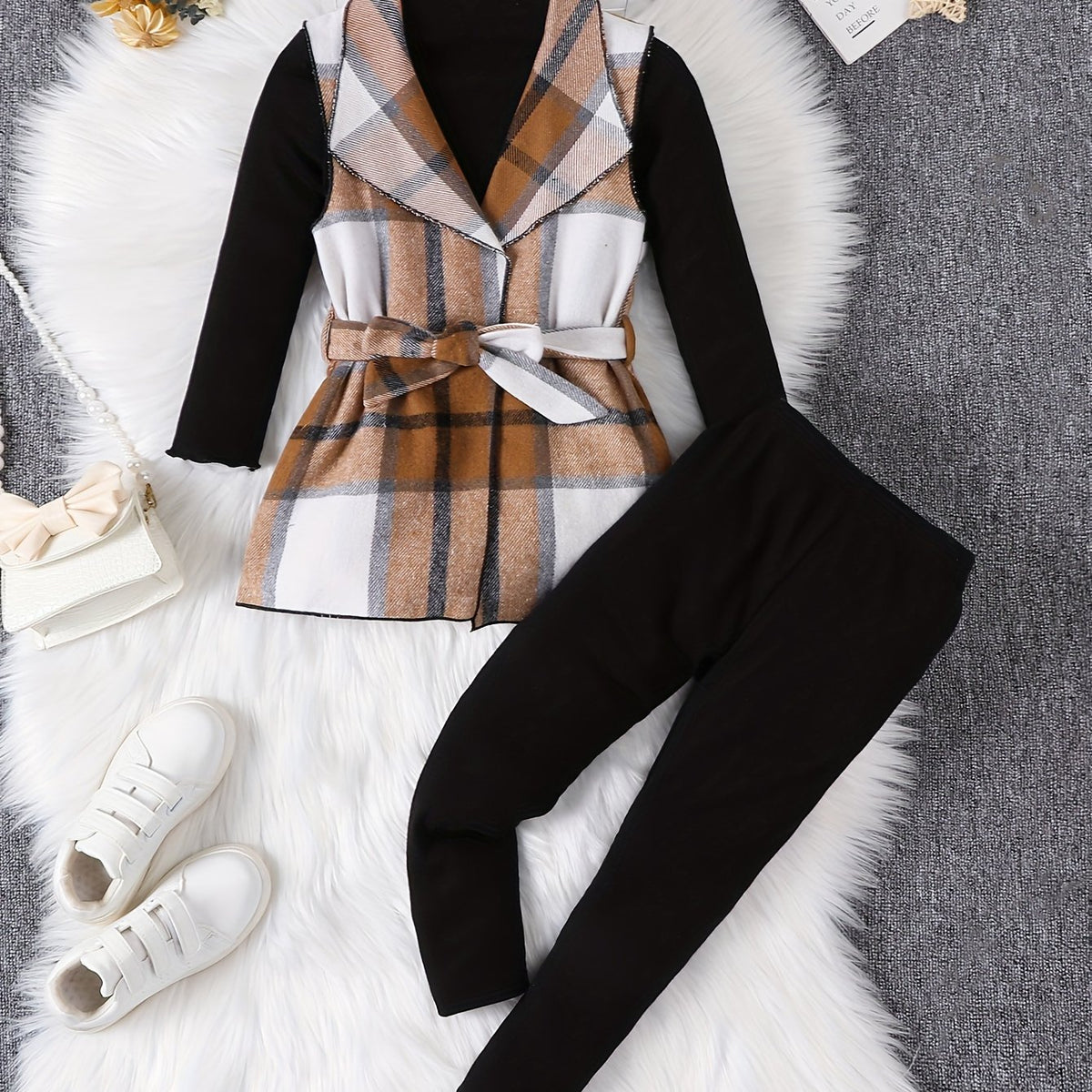 Ensemble élégant à carreaux pour fille 3pcs