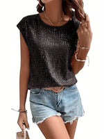 Top à sequins sans manches à col rond