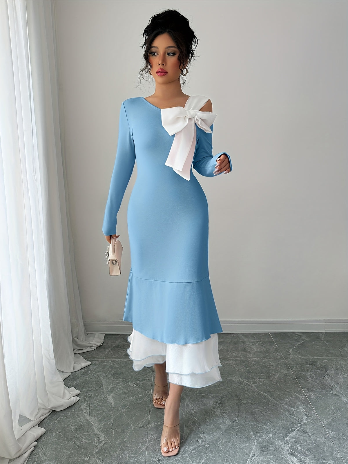 Robe tricotée asymétrique à une épaule avec nœud #Paris